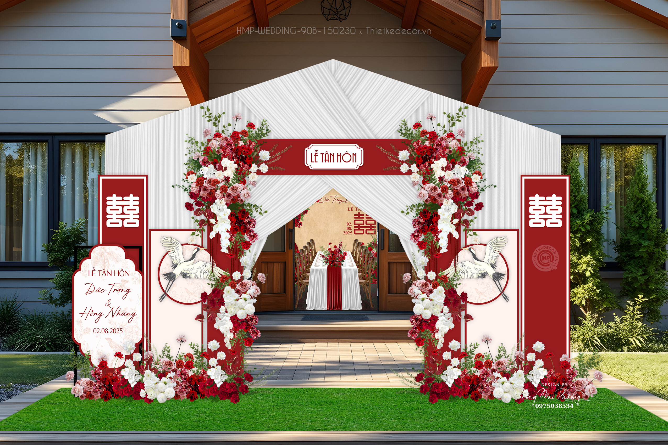 Cổng cưới tone đỏ mix trắng , trắng kem. Đôi chim hạc uyên ương, kèm bảng Welcome.